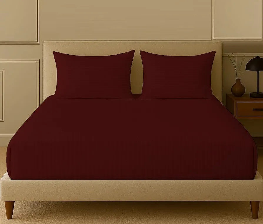 Trance Home Linen 100% Cotton 78x66 inch 200TC Satin Stripe Elastic Fitted Bedsheet | Daily Use Double Bed Fitted Bedspread with 2 Pillow Covers 