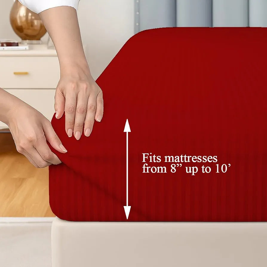 Trance Home Linen 100% Cotton 78x72 inch King Fitted 200TC Satin Stripe Elastic Fitted Bedsheet | Bedroom Hotels Daily Use Fitted Bedspread with 2 Pillow Covers 