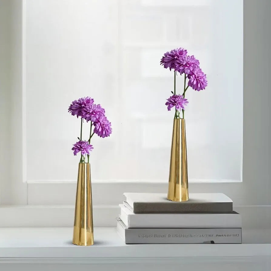 Behoma Golden Metal Slim Cone Flower Vase for Home Decor Bedroom Living Room Office Wedding Table Decorative Item for Festivals Birthday Valentine's Day  Small 