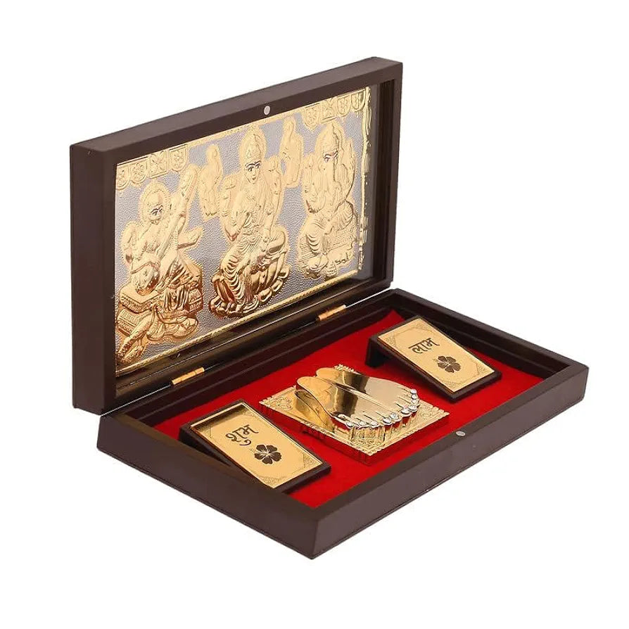 JAIPUR ACE Gold Plated Laxmi Ganesh Saraswati Charan Paduka Yantra | Devotional Prayer Box | Wooden Momento Decorative Showpiece Box Packing | Diwali Gifting Charan Paduka