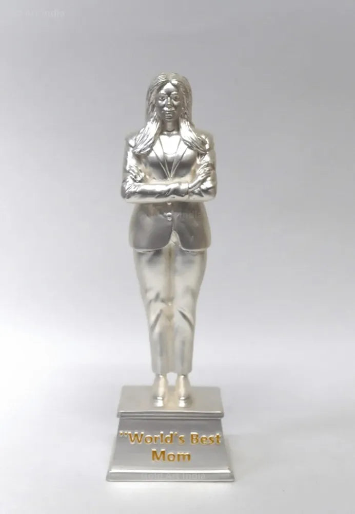 Gold Art India Best Mother Trophy Figurine Silver Plated Matte Finish | Women's Day Gift for Mother | Mothers Birthday Gift | Study Table | Office Desk 9'' Inch