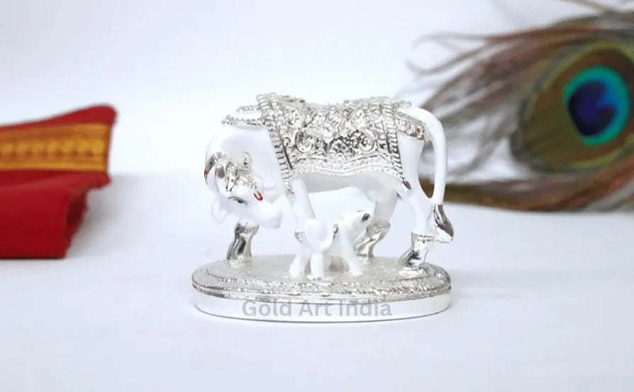 Gold Art India Kamdhenu Cow with Calf Idol White & Silver Plated Finish | Home Decor Gaay Bachda Cow |Calf for Vastu | Positive Energy | Wealth Idol Diwali Puja