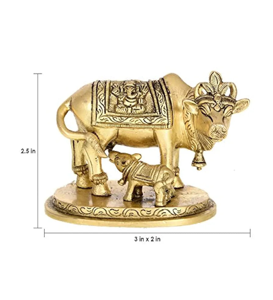 Two Moustaches Brass Holy Kamdhenu Cow and Calf Sculpture, Standard, Pack of 1