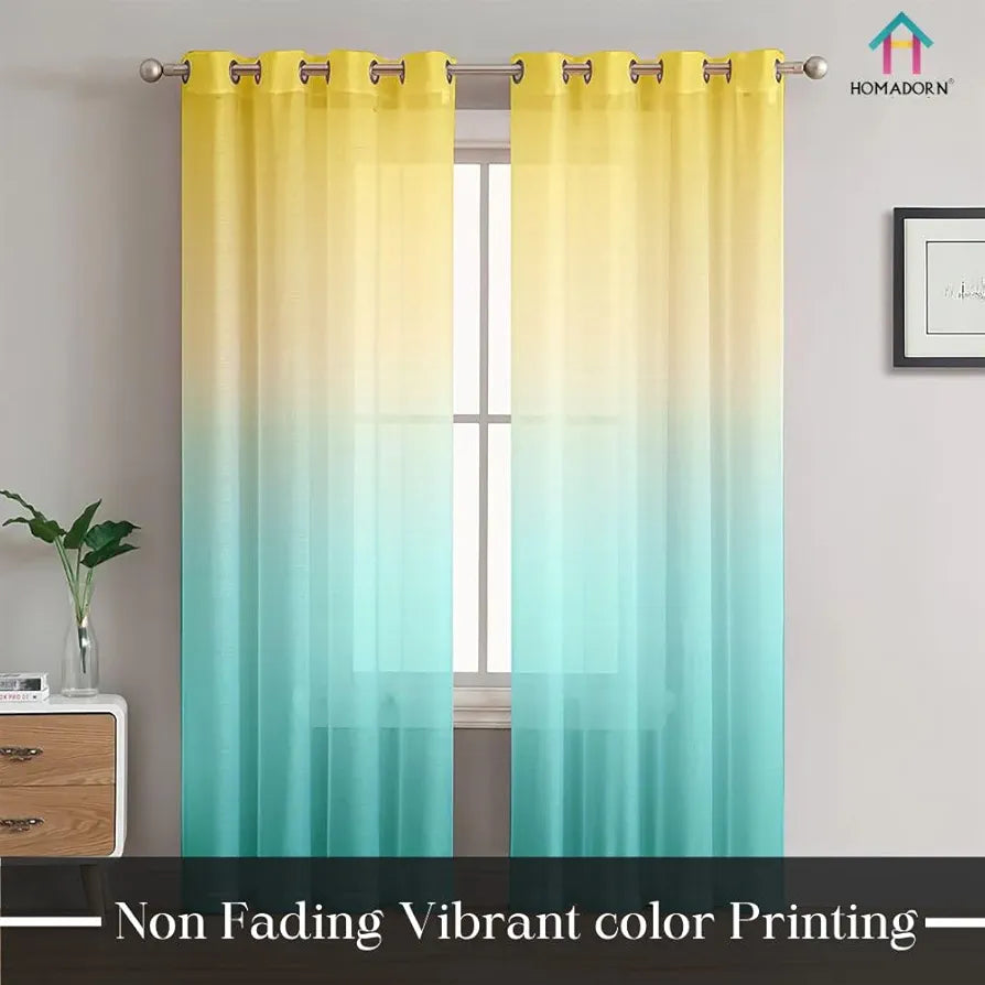 HOMADORN Ombre Printed Linen Textured Sheer Curtains for Living Room, Bedroom, Dining Room, Kitchen, Bathroom 