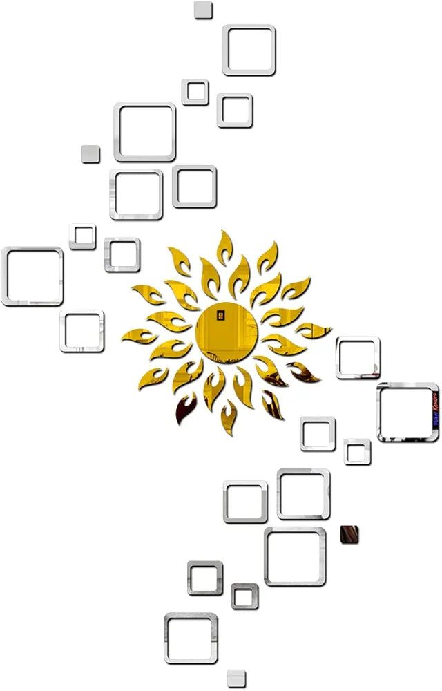Bikri Kendra - Sun Golden with 24 Square 3D Mirror Acrylic Wall Stickers 