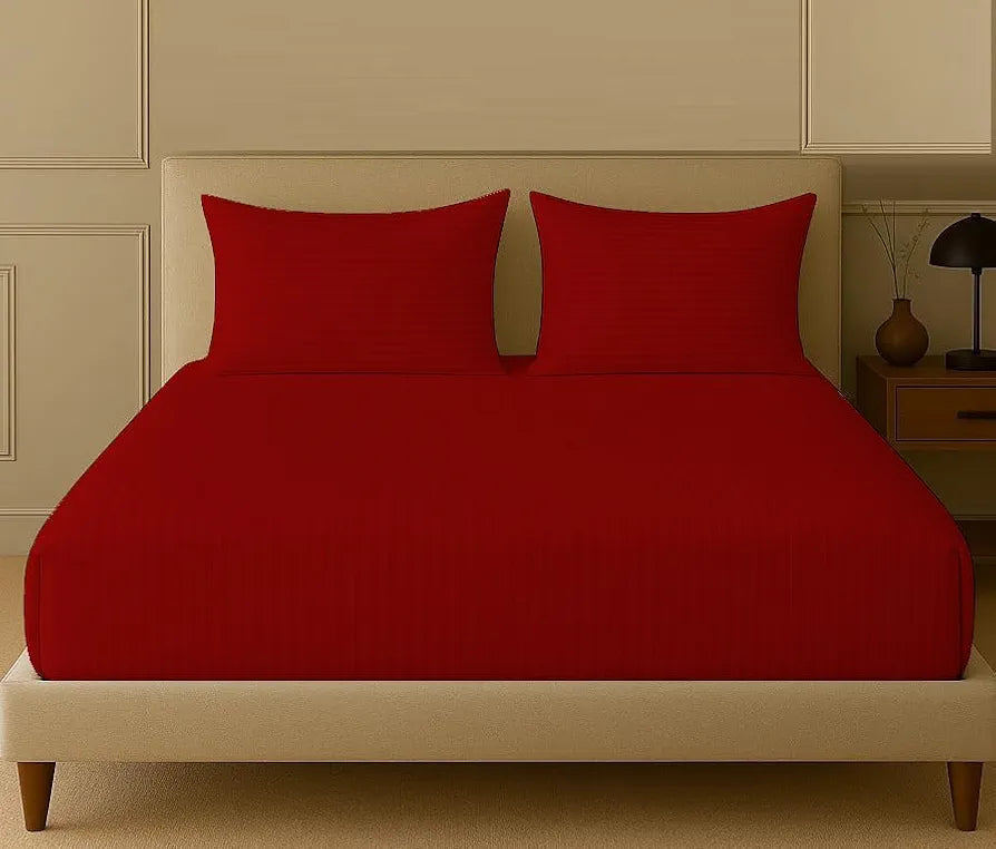 Trance Home Linen 100% Cotton 78x72 inch King Fitted 200TC Satin Stripe Elastic Fitted Bedsheet | Bedroom Hotels Daily Use Fitted Bedspread with 2 Pillow Covers 