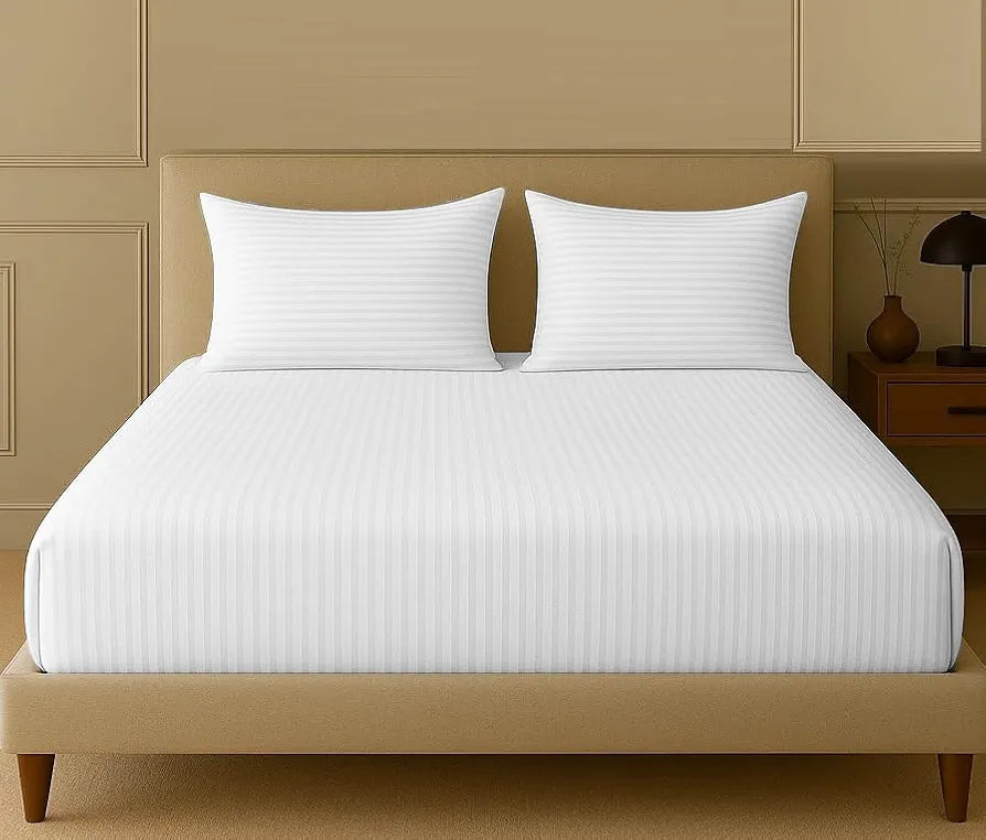 Trance Home Linen 100% Cotton 75x60 inch 200TC Satin Stripe Elastic Fitted Bedsheet | Daily Use Double Bed Fitted Bedspread with 2 Pillow Covers 