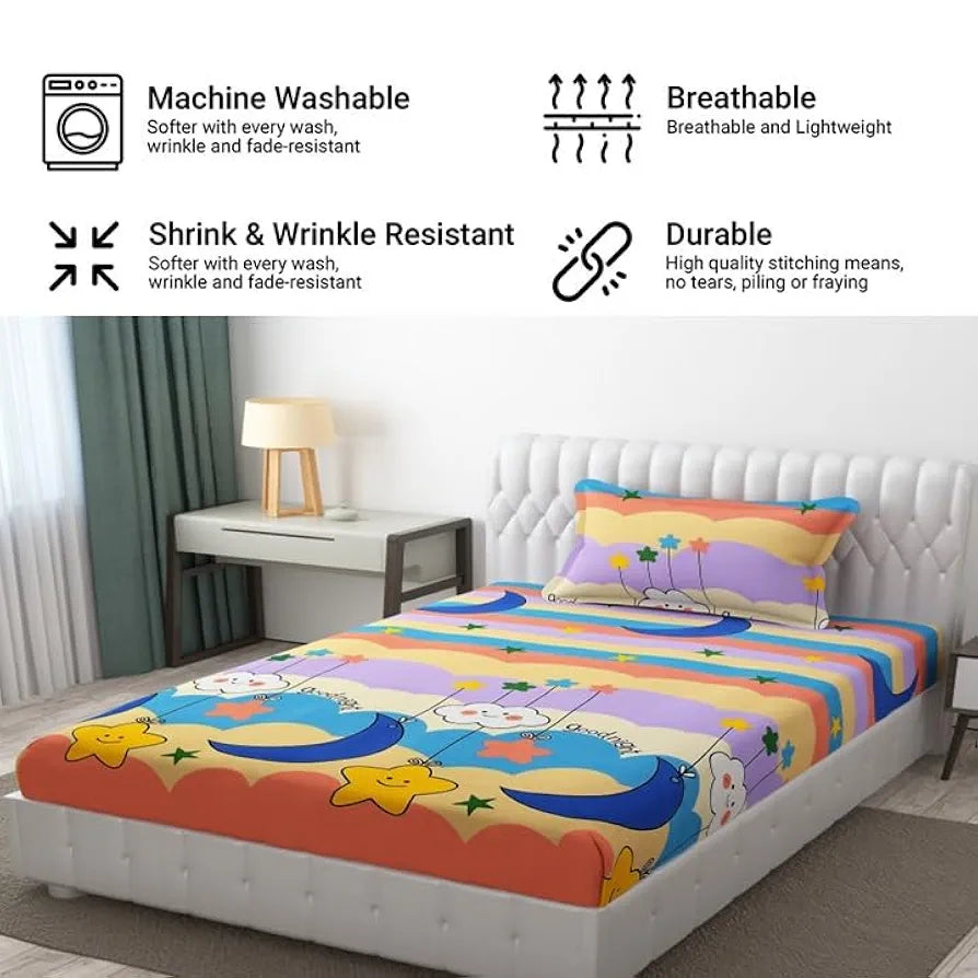 FRESH FROM LOOM Wrinkle Free Glace Animal Print Cotton Bedsheet For Kids Single Bedsheet With 1 Pillow Covers , 144 Tc,Multicolor