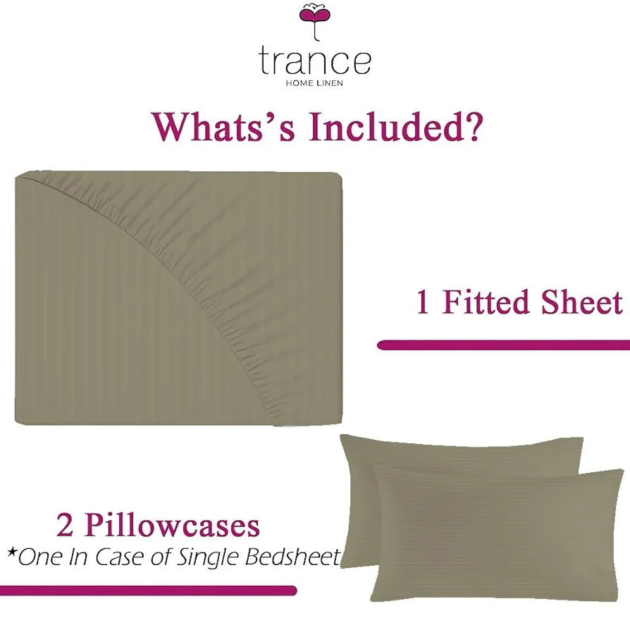 Trance Home Linen 100% Cotton 78x72 inch King Fitted 200TC Satin Stripe Elastic Fitted Bedsheet | Bedroom Hotels Daily Use Fitted Bedspread with 2 Pillow Covers 