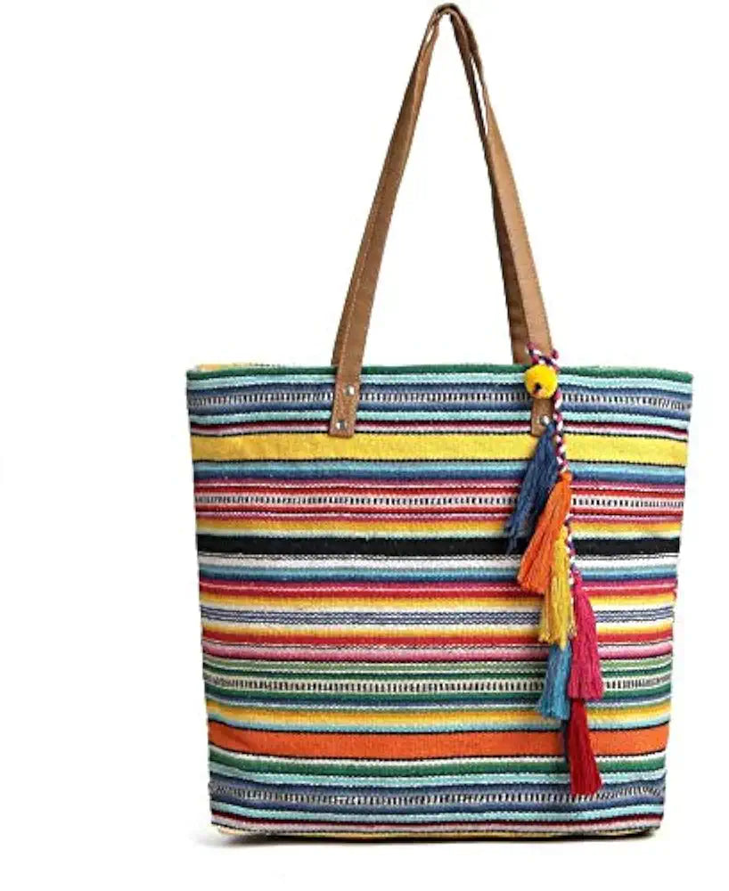 ASTRID Women's Multicolor Cotton Tote Bag With Tassels