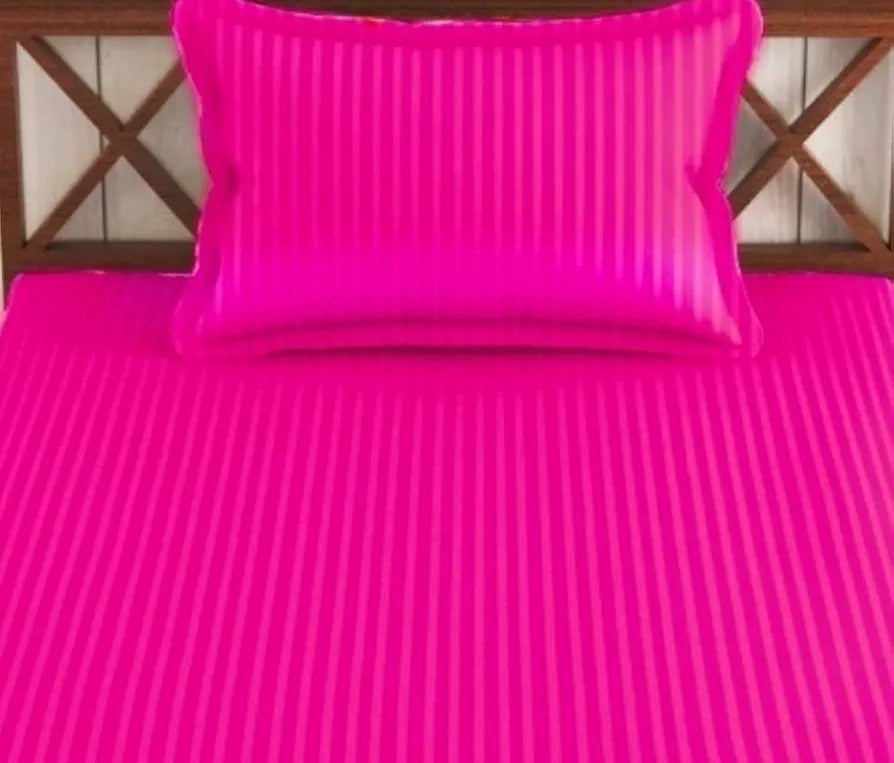 Trance Home Linen 100% Cotton 78x36 inch Single Fitted 200TC Satin Stripe Elastic Fitted Bedsheet | Single Bed Size Daily use Fitted Bedspread with 1 Pillow Covers 