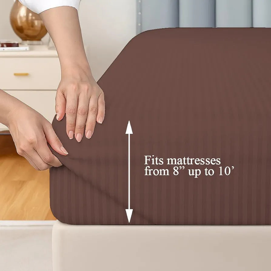 Trance Home Linen 100% Cotton 78x60 inch Queen Fitted 200TC Satin Stripe Elastic Fitted Bedsheet | Daily Use Double Bed Fitted Bedspread with 2 Pillow Covers 