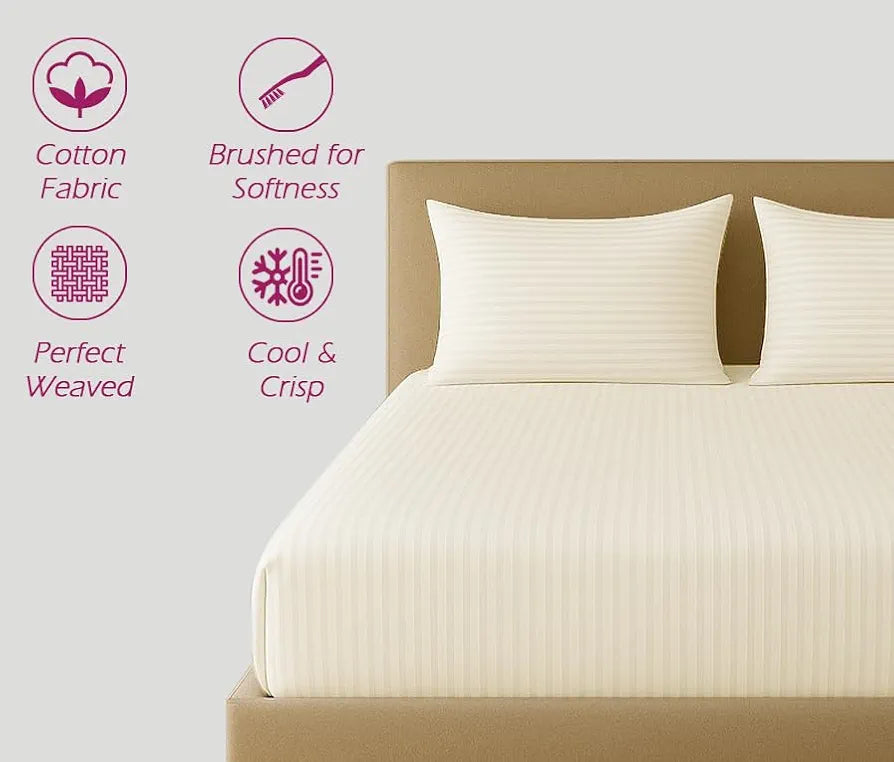 Trance Home Linen 100% Cotton 78x60 inch Queen Fitted 200TC Satin Stripe Elastic Fitted Bedsheet | Daily Use Double Bed Fitted Bedspread with 2 Pillow Covers 