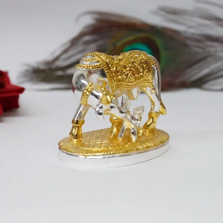 Gold Art India Om Kamdhenu Cow with Calf Idol  Gold Silver Plated for Home Decor | Gaay Bachda Cow and Calf for Vastu | Positive Energy | Wealth | Diwali Puja | Housewarming 2.2 Inch