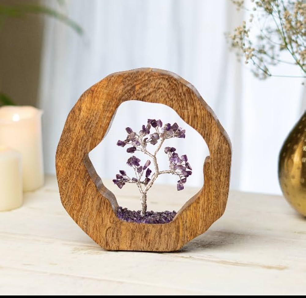 RITUALISTIC Amethyst Crystal Tree Set in Wooden Ring Gift Spiritual Item for Energy Flow & Chakra Healing Feng Shui Gemstone Bonsai Tree for wealth & Luck Bonsai Tree Showpiece 17 cm 3.5 cm