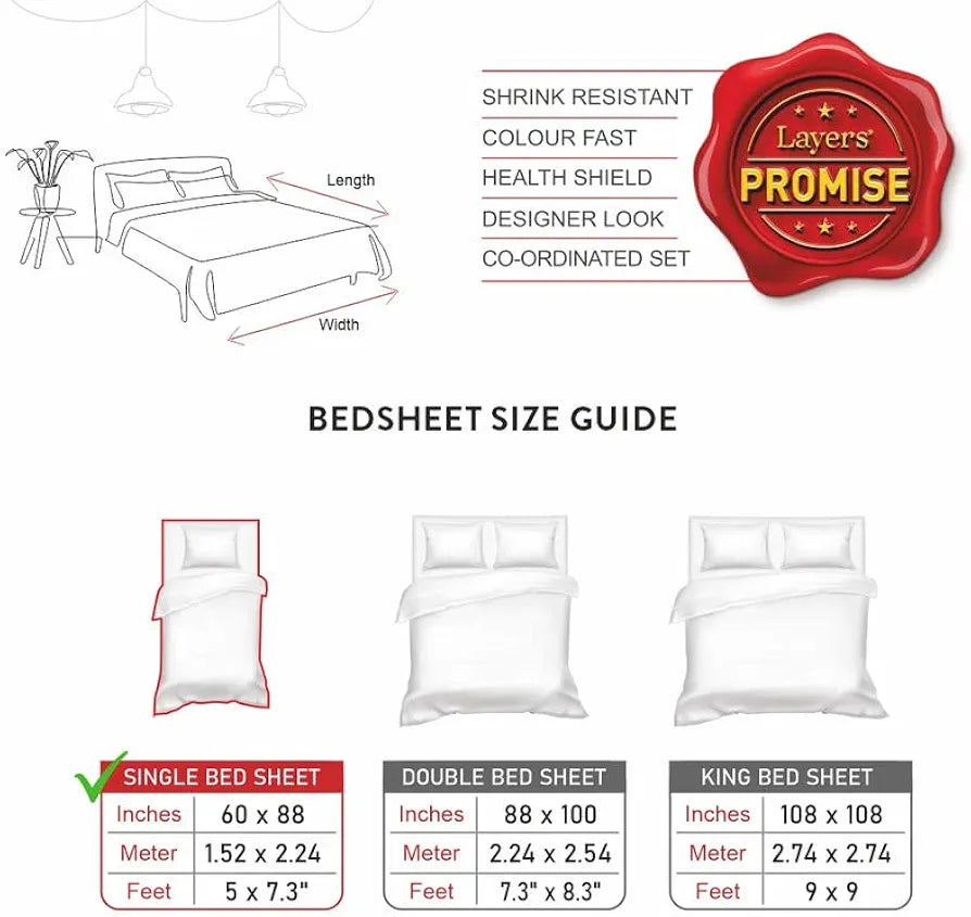 Layers 100% Cotton Bedsheet for Single Bed with 1 Pillow Cover  Light Weight, Breathable, Moisture Absorbent, All Season Comfort, Classic Collection