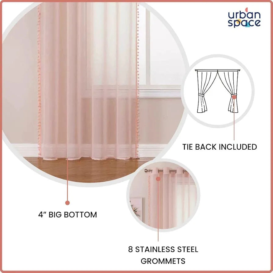 Urban Space Linen Textured Sheer Curtain for Door Living Room,Readymade Curtain with Rod Pocket, Set of 2 Decorative Curtains - Blush Pink with Pom pom 