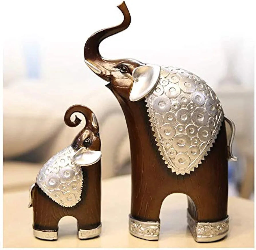 Xtore¨ Thai Style Elephant Figurines Mother & Child Elephant Fengshui Resin Sculptures for Home Decor Ornament - Set of 2, Brown