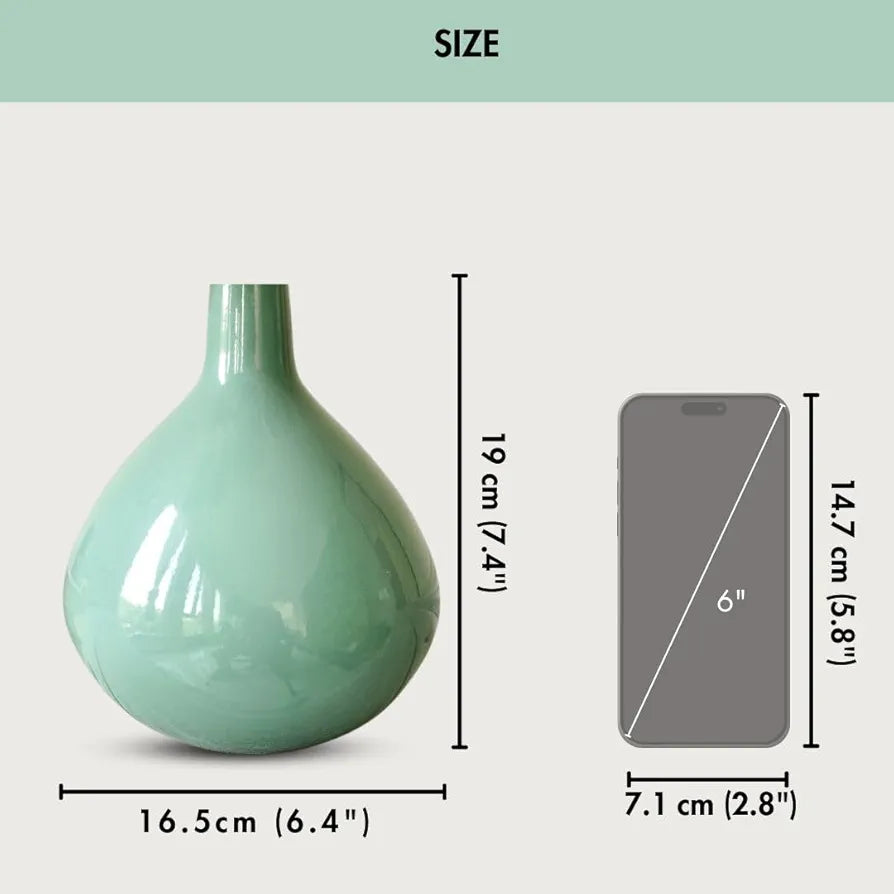 BEHOMA Metal Round Flower Vase for Home Decor Bedroom Living Room Office Wedding|Table Decorative Item for Festivals Birthday Sea Mist Green Tall Vase 