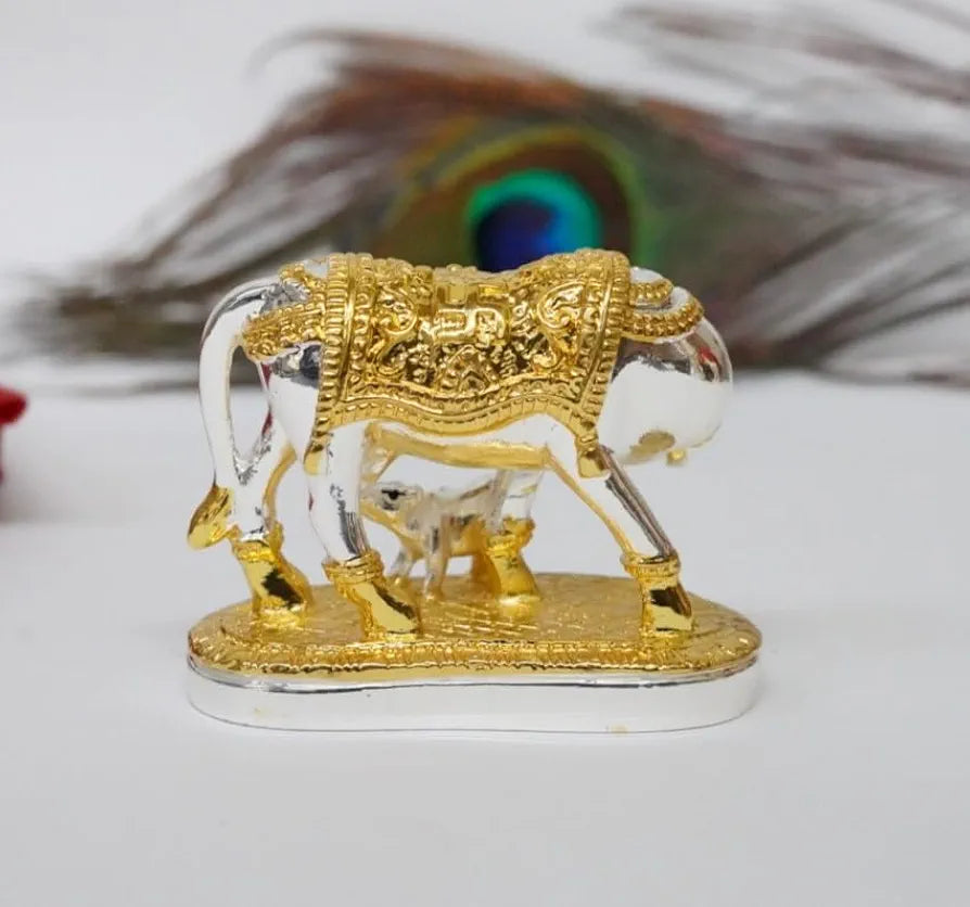 Gold Art India Om Kamdhenu Cow with Calf Idol  Gold Silver Plated for Home Decor | Gaay Bachda Cow and Calf for Vastu | Positive Energy | Wealth | Diwali Puja | Housewarming 2.2 Inch