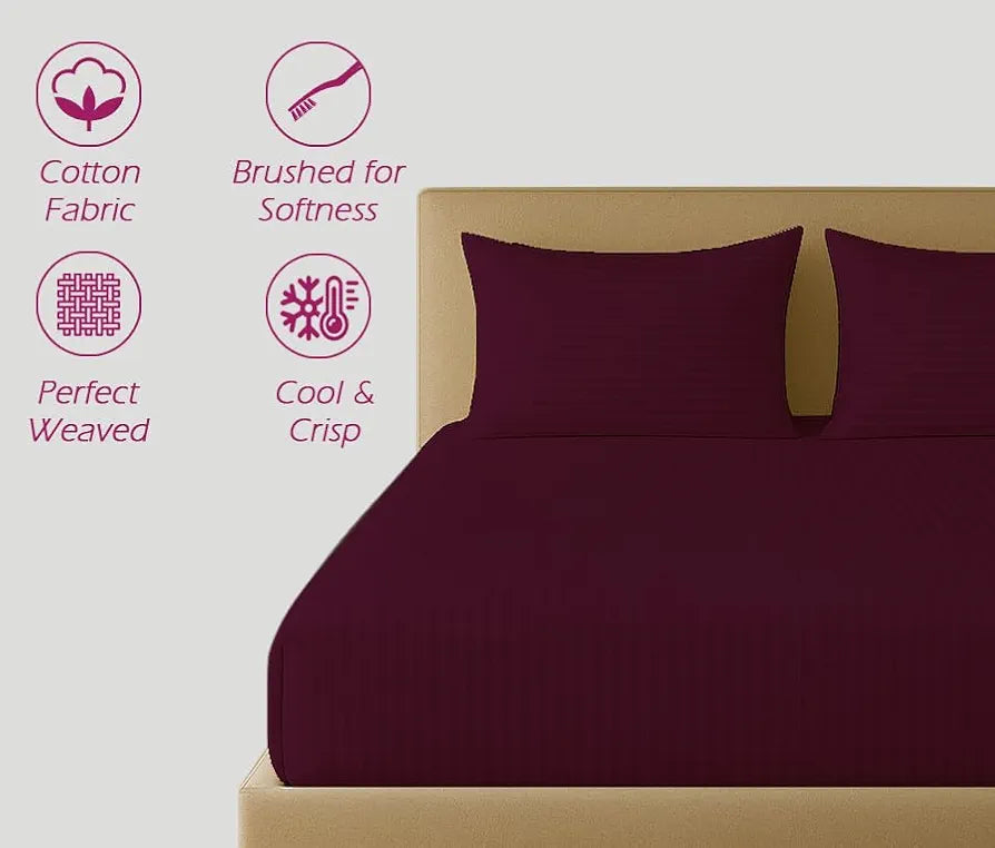 Trance Home Linen 100% Cotton 78x66 inch 200TC Satin Stripe Elastic Fitted Bedsheet | Daily Use Double Bed Fitted Bedspread with 2 Pillow Covers 