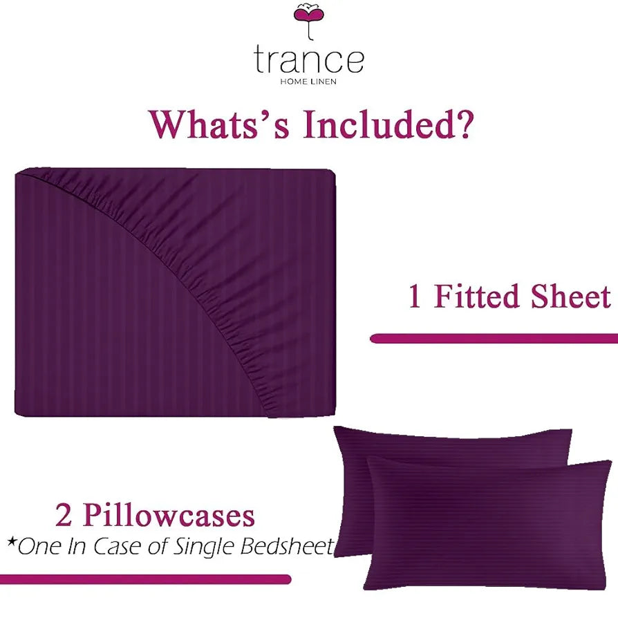 Trance Home Linen 100% Cotton 78x72 inch King Fitted 200TC Satin Stripe Elastic Fitted Bedsheet | Bedroom Hotels Daily Use Fitted Bedspread with 2 Pillow Covers 