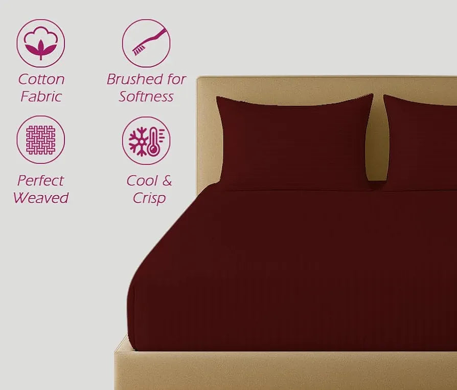 Trance Home Linen 100% Cotton 78x66 inch 200TC Satin Stripe Elastic Fitted Bedsheet | Daily Use Double Bed Fitted Bedspread with 2 Pillow Covers 