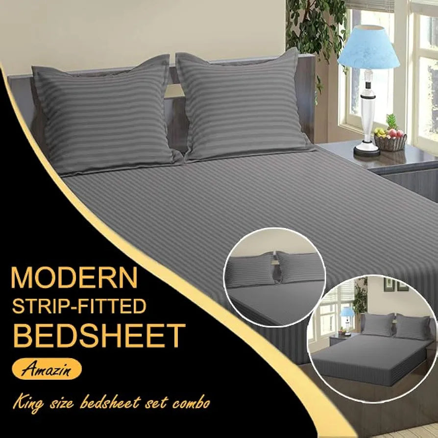 FRESH FROM LOOM 240 TC Satin Striped Soft Fitted Bedsheet King Size Bed with Two Pillow Cover|Bed Covers for Mattresses Tuck in  Grey