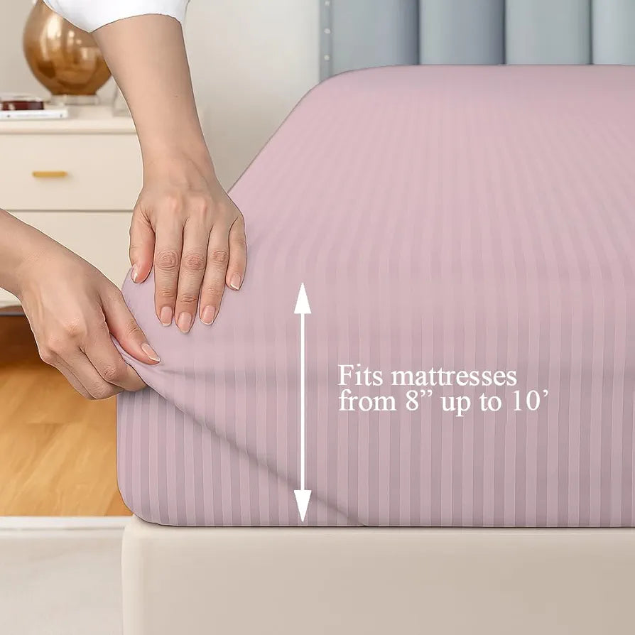 Trance Home Linen 100% Cotton 78x72 inch King Fitted 200TC Satin Stripe Elastic Fitted Bedsheet | Bedroom Hotels Daily Use Fitted Bedspread with 2 Pillow Covers 