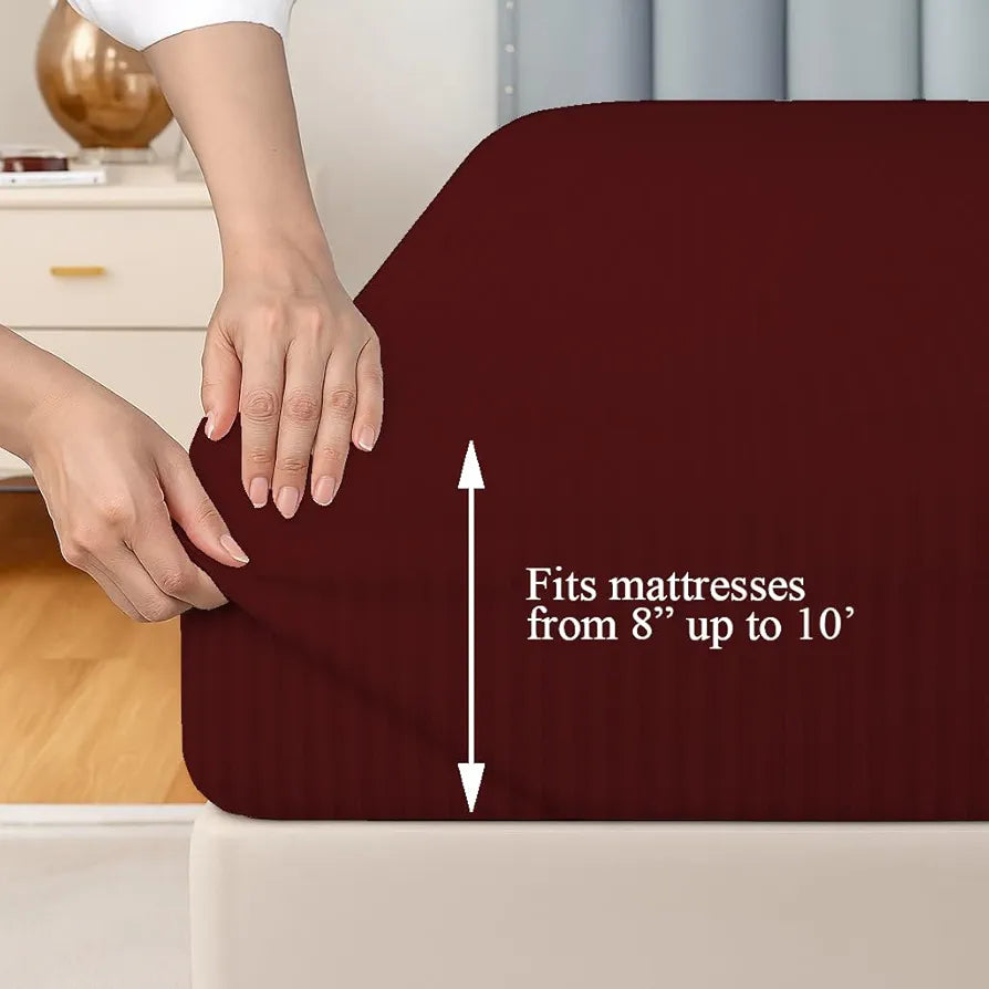 Trance Home Linen 100% Cotton 78x66 inch 200TC Satin Stripe Elastic Fitted Bedsheet | Daily Use Double Bed Fitted Bedspread with 2 Pillow Covers 