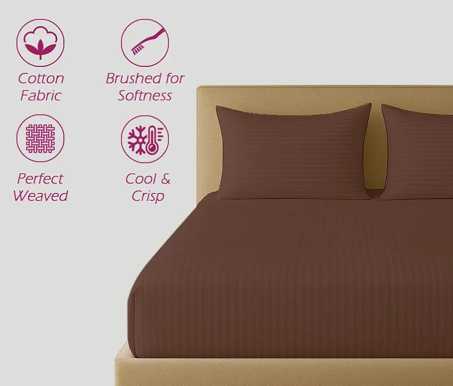 Trance Home Linen 100% Cotton 78x72 inch King Fitted 200TC Satin Stripe Elastic Fitted Bedsheet | Bedroom Hotels Daily Use Fitted Bedspread with 2 Pillow Covers 