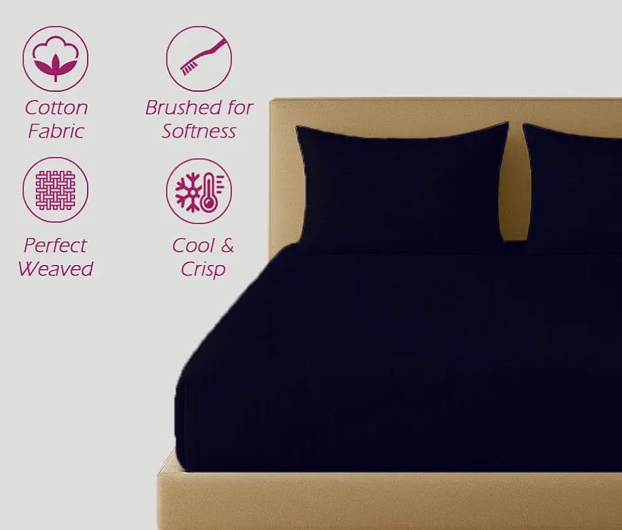 Trance Home Linen 100% Cotton 78x72 inch King Fitted 200TC Satin Stripe Elastic Fitted Bedsheet | Bedroom Hotels Daily Use Fitted Bedspread with 2 Pillow Covers 