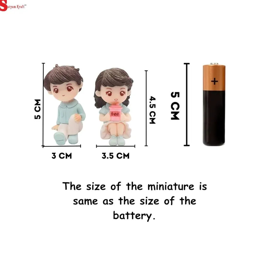 SATYAM KRAFT 1 Set  Miniature Couple Figurines with Bench | Cute Tea Time Resin Dolls for Home Decor, Garden,Tabletop,Cake Decoration,Rakshabandhan Gift,DIY Crafts & Showpiece
