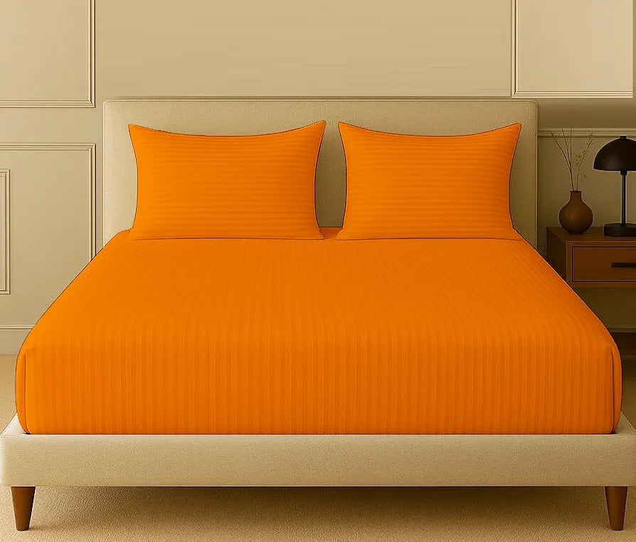 Trance Home Linen 100% Cotton 78x66 inch 200TC Satin Stripe Elastic Fitted Bedsheet | Daily Use Double Bed Fitted Bedspread with 2 Pillow Covers 