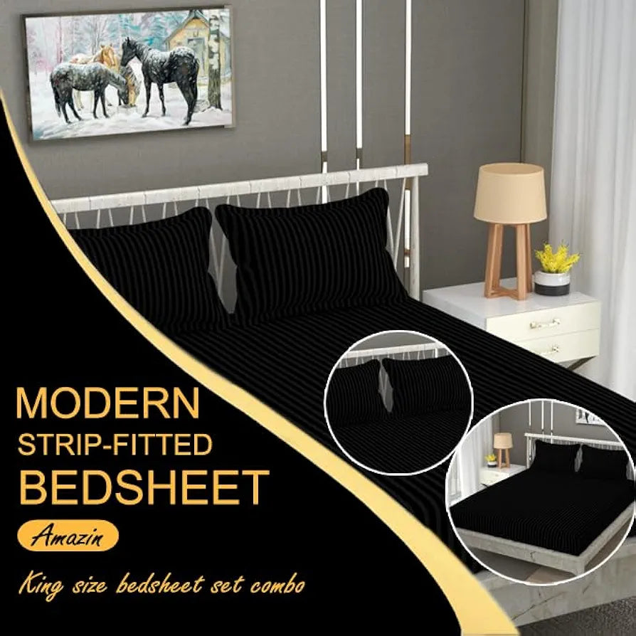 FRESH FROM LOOM Satin Striped Soft Fitted Bedsheet King Size Bed with Two Pillow Cover|Elastic Fitted Bed Sheets|Mattress Tuck in Bed Covers,240 TC,Black