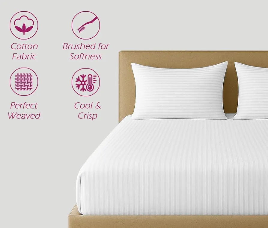 Trance Home Linen 100% Cotton 72x60 inch 200TC Satin Stripe Elastic Fitted Bedsheet | Daily Use Double Bed Fitted Bedspread with 2 Pillow Covers 
