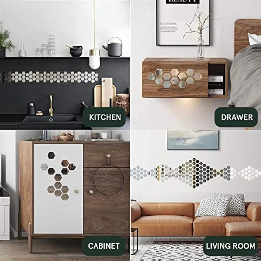 Bikri Kendra - Hexagon 20 Silver Stickers for Wall, Acrylic, Mirror Wall Decor Sticker, Wall Stickers, Acrylic Stickers,-Self-Adhesive