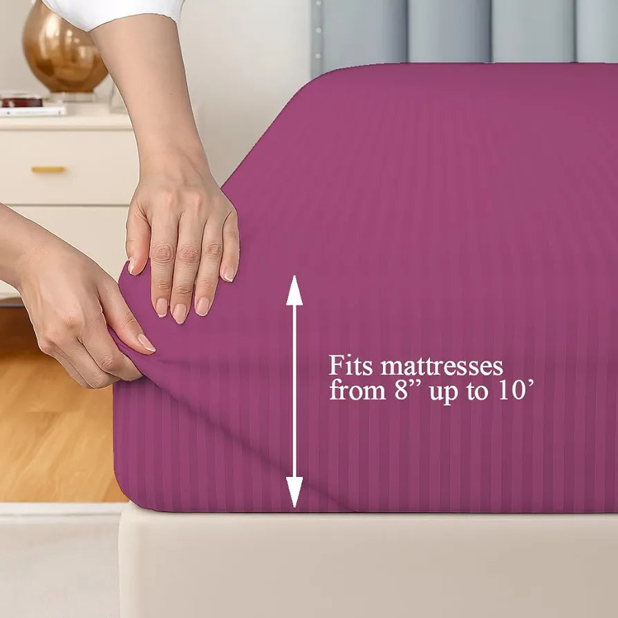 Trance Home Linen 100% Cotton 78x66 inch 200TC Satin Stripe Elastic Fitted Bedsheet | Daily Use Double Bed Fitted Bedspread with 2 Pillow Covers 