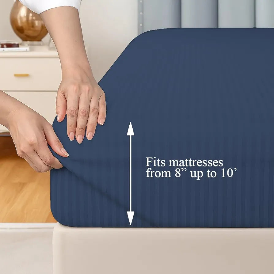 Trance Home Linen 100% Cotton 78x60 inch Queen Fitted 200TC Satin Stripe Elastic Fitted Bedsheet | Daily Use Double Bed Fitted Bedspread with 2 Pillow Covers 