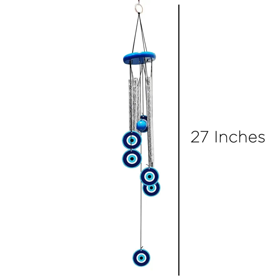 Shubhanjali Metal Evil Eye Wind Chimes For Home Positive Energy 27Inch Turkish Wind Chime For Wall Hanging Decoration Items For Living Room Entrance Outdoor Balcony Housewarming Gifts For Women, Blue