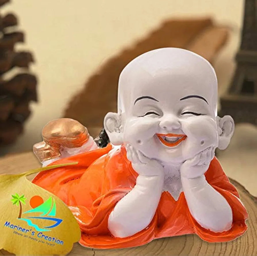 Mariner's Creation Polyresin Cute Baby Monk Laughing Buddha Showpiece - Orange | Best for Home Décor, Vastu, Good Luck, Home Decoration, Car, Decorative Item, Gifts, Positive Vibes Energy