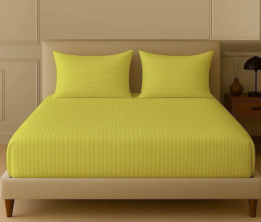 Trance Home Linen 100% Cotton 78x60 inch Queen Fitted 200TC Satin Stripe Elastic Fitted Bedsheet | Daily Use Double Bed Fitted Bedspread with 2 Pillow Covers 