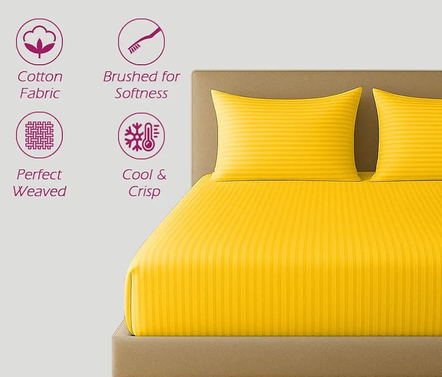 Trance Home Linen 100% Cotton 78x72 inch King Fitted 200TC Satin Stripe Elastic Fitted Bedsheet | Bedroom Hotels Daily Use Fitted Bedspread with 2 Pillow Covers 