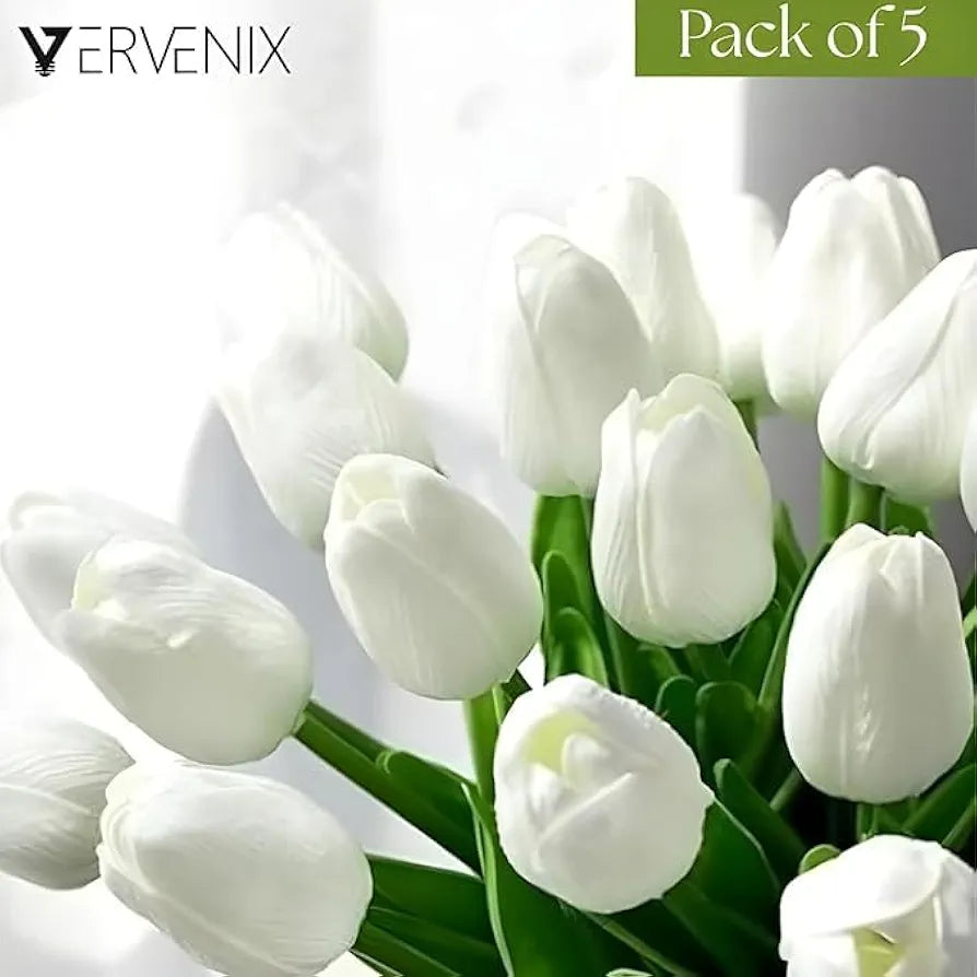 VERVENIX 5 Pcs Artificial Tulip Lily Flowers for Vase | White Fabric Faux Tulips for Home Décor, Living Room, Bedroom, Party & Wedding Decoration 