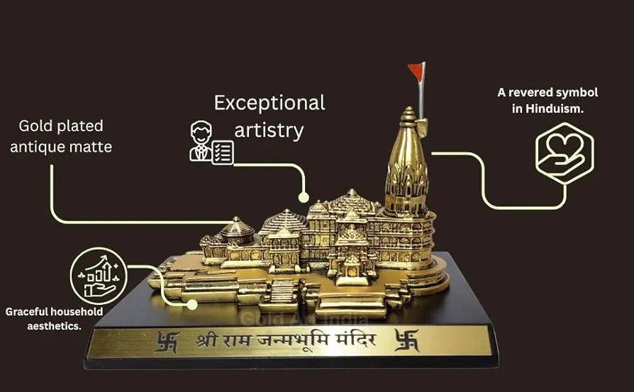 Gold Art India Ram Mandir Ayodhya Gold Plated Matte - Minature for Gifting, Puja Room, Office Desk, Home Decor 