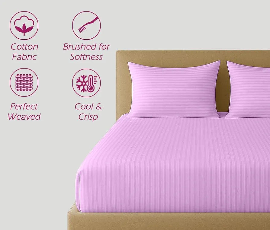 Trance Home Linen 100% Cotton 78x66 inch 200TC Satin Stripe Elastic Fitted Bedsheet | Daily Use Double Bed Fitted Bedspread with 2 Pillow Covers 