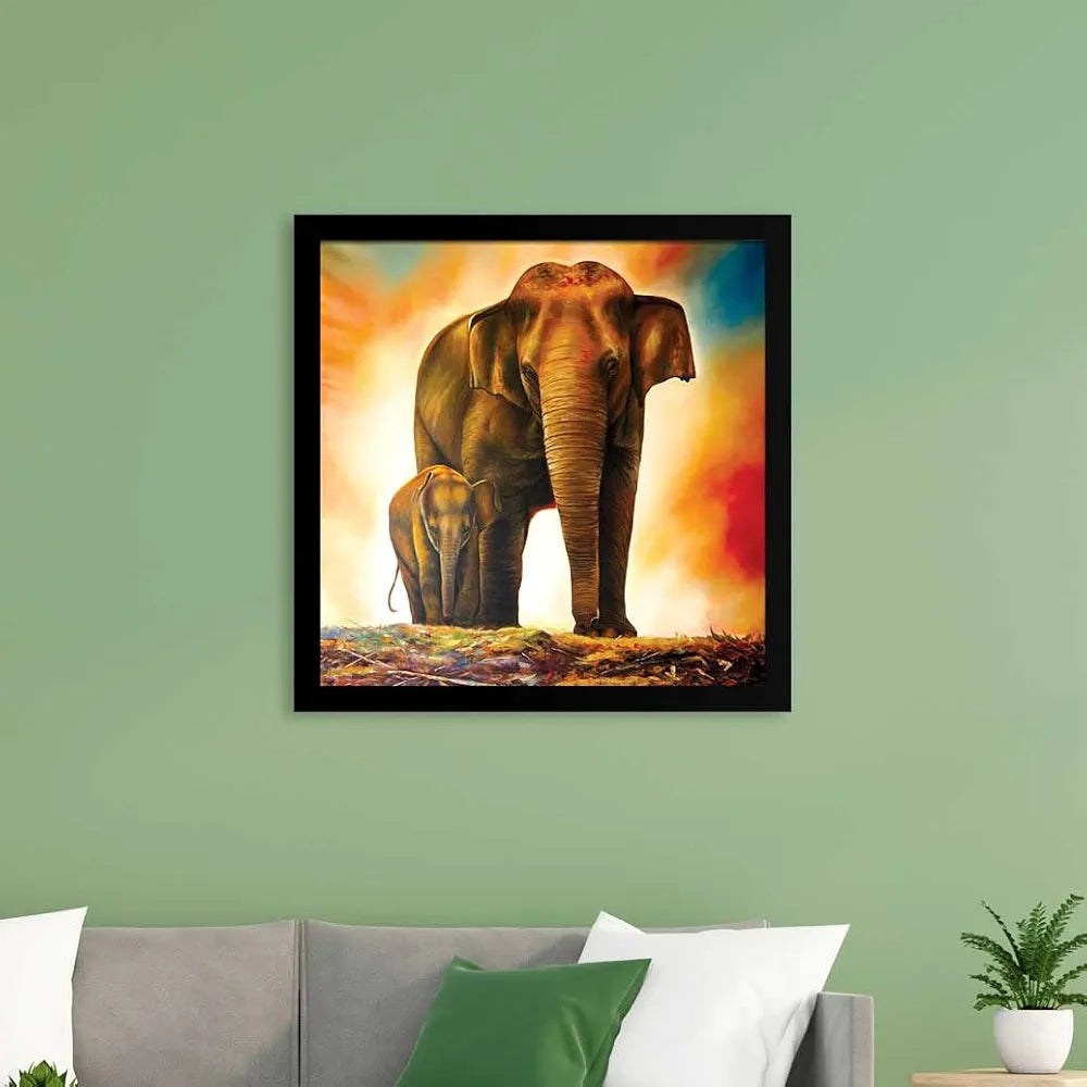 ArtX Elephant and Baby Abstract Big Canvas Painting For Bedroom With Frame, Multicolour, Square, 24.0 x 24.0 inch, 2x2 Feet, Set Of 1