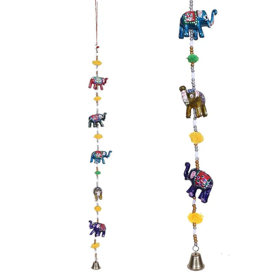 Heart Home Handcrafted Elephant Door Latkan with Bells|Rajasthani Traditional Hanging Windchimes Pair for Home Decoration 