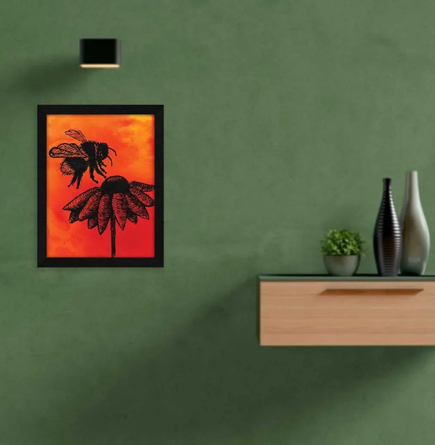 ArtX Paper Line Art Bee Sunflower Frame Wall Art Painting, Multicolor, Abstract, 10X13 inches, Set of 1