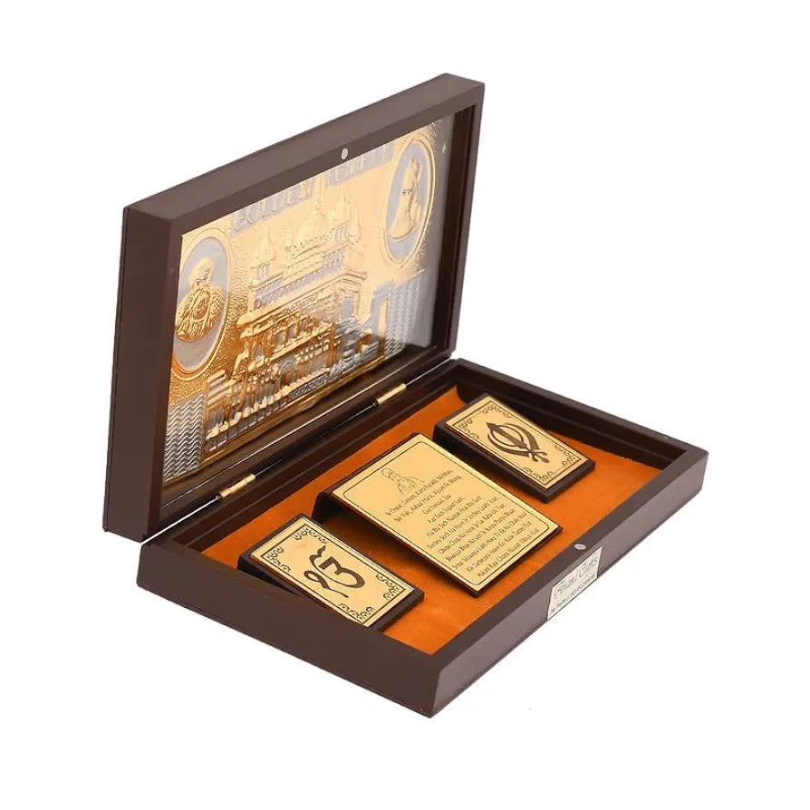 JAIPUR ACE Satnam Shri Waheguru Ji Gold Plated Charan Paduka Yantra for Health, Wealth, Prosperity & Success with Wooden Box for House Warming and Gift